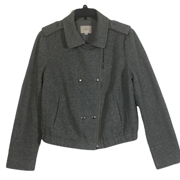 🌸2/$25 LOFT Grey Flannel Bomber Jacket lined snap closure front zipper EUC - Picture 1 of 9
